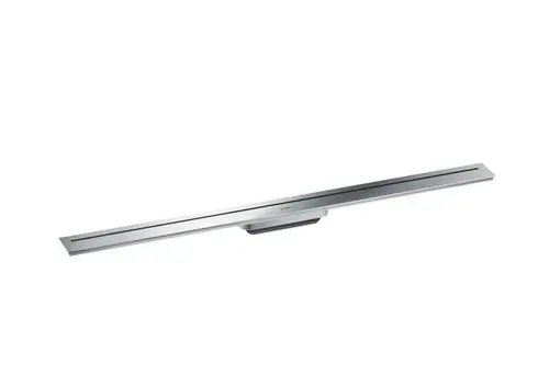Lange, schmale Duschrinne in Chrom-Finish von AXOR, mit modernem Design und zwei schmalen Ablaufschlitzen, zur Verwendung in Duschanlagen.